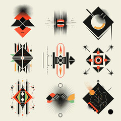 Geometric Abstraction: A captivating display of nine unique geometric shapes, each meticulously crafted with a modernist aesthetic, showcasing a harmony of lines, forms, and colors in a clean.