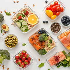 Meal Prep Containers: Healthy and delicious meal prepped in individual containers, featuring salmon, berries, vegetables, and grains.