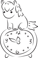 cute little pony horse sitting on big round clock with dial showing midnight, simple hand drawn illustration, painted with a black brush
