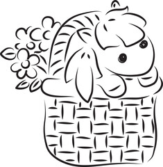 cute little pony horse sitting in a big basket with flowers, simple hand drawn illustration, painted with a black brush
