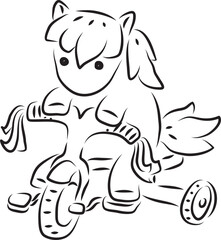 cute little pony horse riding on kids tricycle, simple hand drawn illustration, painted with a black brush