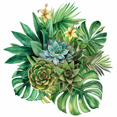Tropical Foliage Arrangement: A captivating artistic composition showcasing a lush array of vibrant green tropical leaves and succulents. The artwork evokes a sense of nature's serenity.