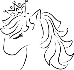 head of cute pony horse with crown with closed eyes side view, simple hand drawn illustration, painted with a black brush
