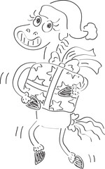 funny smiling horse in a New Year's hat looks at the camera and holds a Christmas large gift box in his hands, full length, simple hand drawn illustration, painted with a black brush