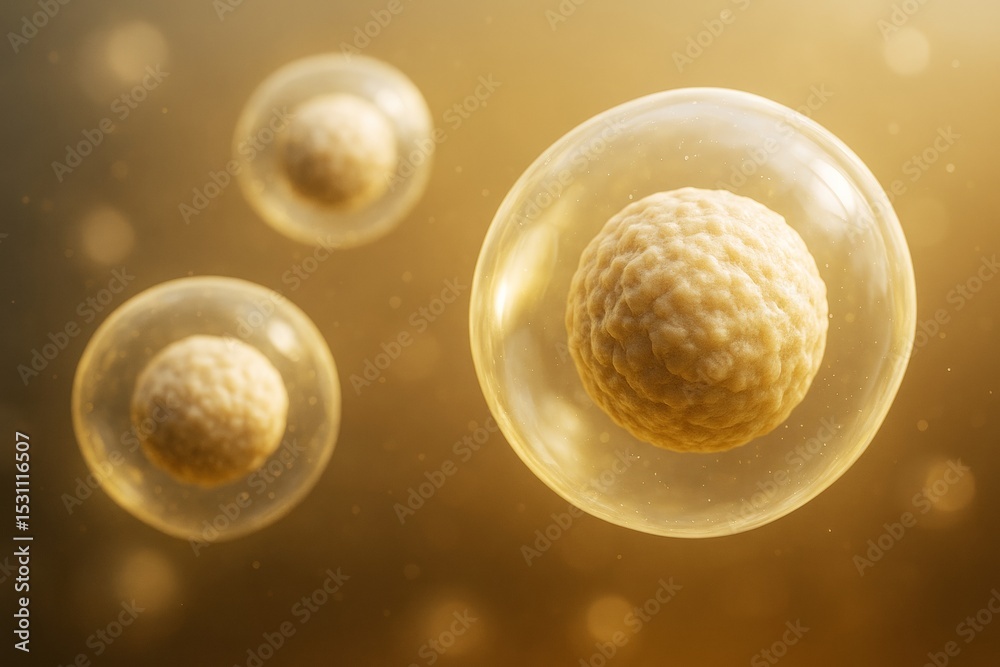Poster Close-up view of biological cells with textured cores suspended in translucent spheres on a glowing light background, symbolizing microscopic science concept.