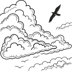Seamless sky illustration with flying cartoon birds amidst cloudy weather elements