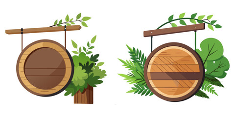 Naklejka premium Circular wooden hanging sign, surrounded by greenery, on a minimalist restaurant facade