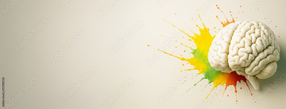 Poster Creative brain model with colorful paint splash on light background for science and design concept, ideal for advertising and copy space mockup.