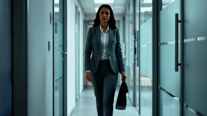 A businesswoman confidently walks down a well-lit office hallway, carrying a briefcase. - Powered by Adobe