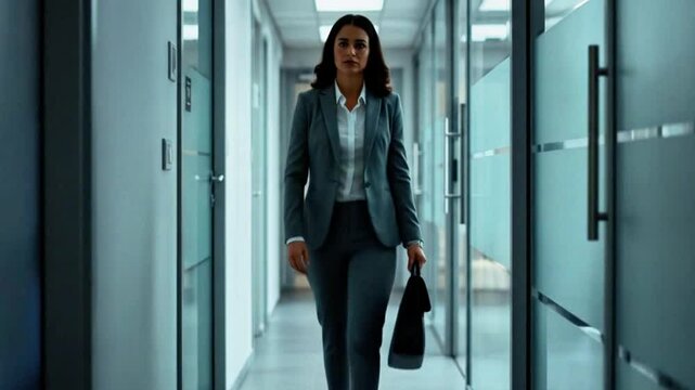 A businesswoman confidently walks down a well-lit office hallway, carrying a briefcase.