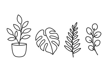 Collection of simple vector line art featuring a potted plant, monstera leaf, and other plants.