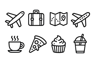 A set of simple travel vector icons featuring airplane, suitcase, map, food, and drink outlines.