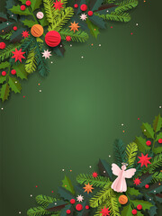 Paper cut template. Vertical Christmas vector greeting card. Christmas tree, balls, and a decor isolated on a white background. Winter frame for holidays with place for text.
