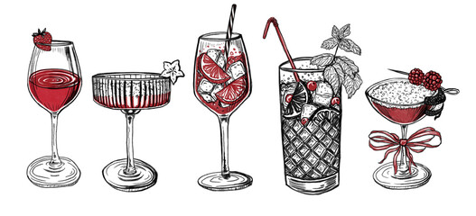 Bar illustration. Set of 5 hand drawn cocktails in line art style. Collection of sketches of alcoholic drinks in red and black tones © Viktoriia Holovko