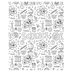 a seamless repeating pattern of hand-drawn doodle icons and scientific equipment for educational design