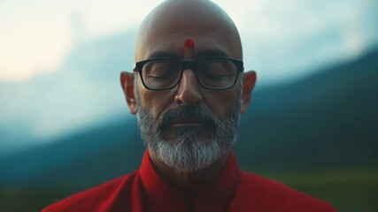 Meditation practice in serene mountain landscape at sunset with a focused individual. Calm bald middle aged yogi man opening eyes looking at camera outdoors