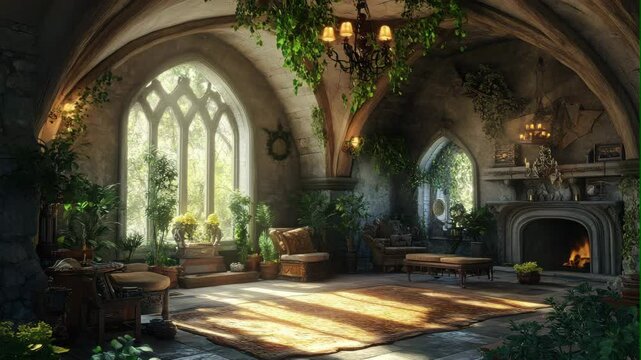 Cozy fantasy room with gothic windows and fireplace
