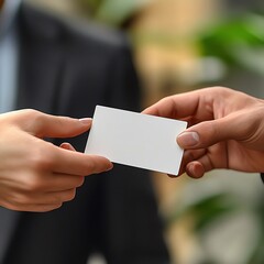 Fototapeta premium Business professionals exchanging a blank business card in a modern office setting, showcasing a moment of networking and potential collaboration during a meeting or conference
