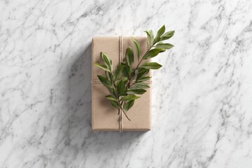 Simple gift box with leafy sprig on marble