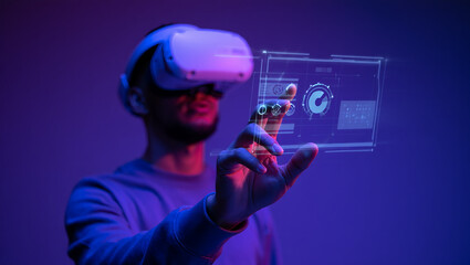 Man interacting with virtual holographic interface wearing a vr headset futuristic technology concept