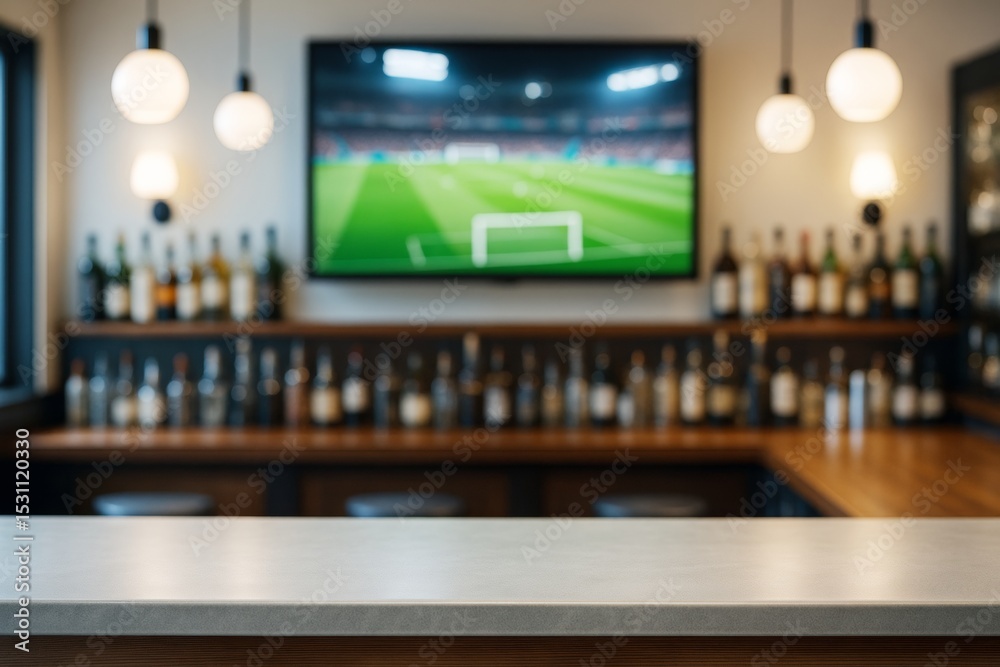 Poster modern bar interior with empty counter and blurred tv showing soccer match in cozy atmosphere with w