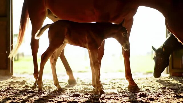 Foal and mother horse in barn doorway