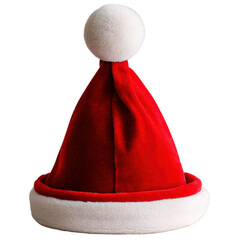 A classic red Santa Claus hat with a white fluffy trim and a large white pom-pom on top.