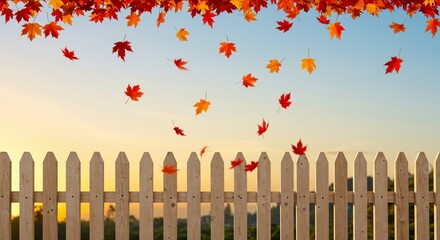 Autumn Sunset Falling Maple Leaves Over Wooden Fence