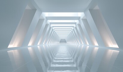 Naklejka premium Futuristic white corridor 3D render with geometric shapes, reflective surfaces and dynamic lighting
