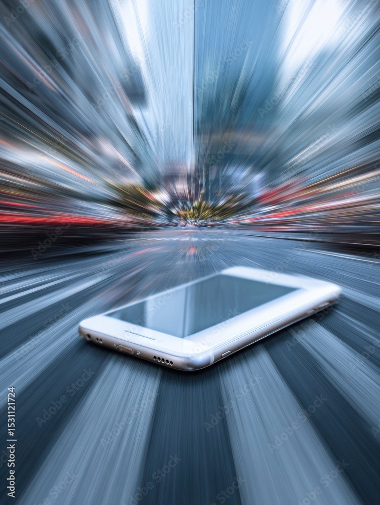 Poster Smartphone App Crash Error Displayed in Vibrant Motion Blur With Faded Top Layout in a Bustling Urban Environment
