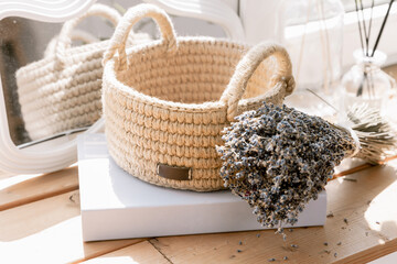 Stylish jute bag, perfect for eco sozy indoor settings with lavender bouquet