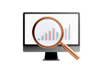 Magnifying glass analyzing bar chart on computer monitor on transparent background, PNG