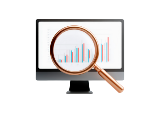 Magnifying glass analyzing bar chart on computer monitor on transparent background, PNG