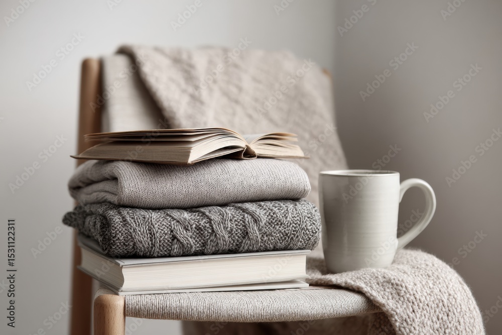 Poster Soft Homewear and a Cozy Scene With a Book and Cup on a Chair in a Minimalistic Setting
