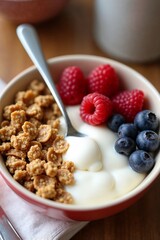 Knusprige Frühstücksflocken mit Joghurt und frischen Beeren in farbenreicher Nahaufnahme serviert