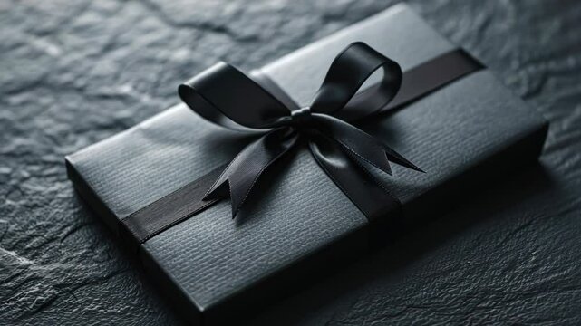 Wrapped gift in black paper and ribbon