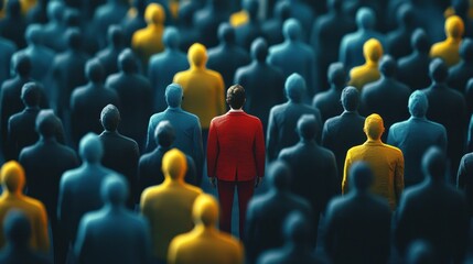 Obraz premium A man in a red suit standing out from a crowd of people in a dark blue and yellow color scheme.