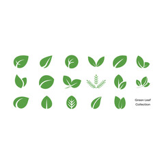 Collection of green leaf icons representing nature and ecology suitable for various design purposes