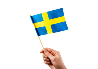 Hand holding Swedish flag on transparent background, PNG