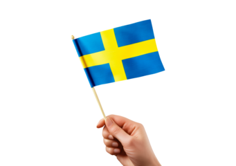 Hand holding Swedish flag on transparent background, PNG