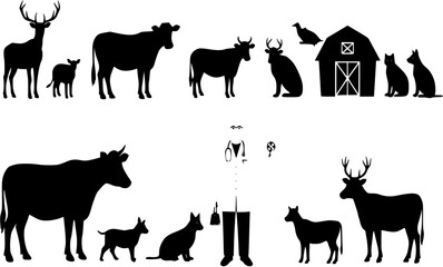 Fototapeta premium Vector silhouette of veterinary with group of animals on white background. Symbol of farm and vet. Transparent background PNG cutout. 