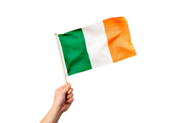 Hand holding Irish flag on transparent background, PNG