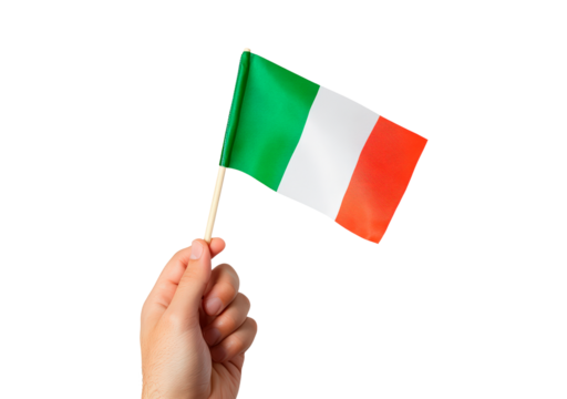 Hand holding Italian flag on transparent background, PNG