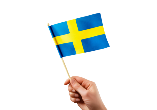 Hand holding Swedish flag on transparent background, PNG