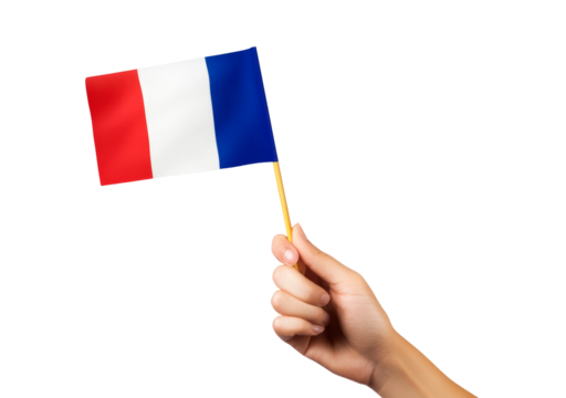 French flag held by hand on transparent background, PNG
