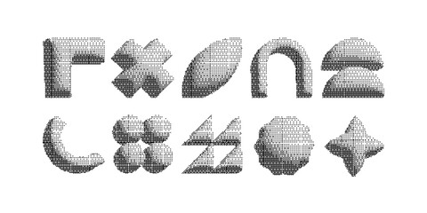 Bitmap pixelated abstract geometric shapes. Retro futuristic elements for design in y2k style. Trendy minimalist raster effect.