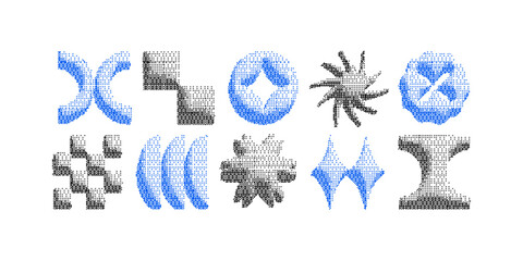 Bitmap pixelated abstract geometric shapes. Retro futuristic elements for design in y2k style. Trendy minimalist raster effect.