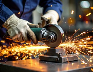 Caucasian male adult using angle grinder, sparks flying in workshop setting