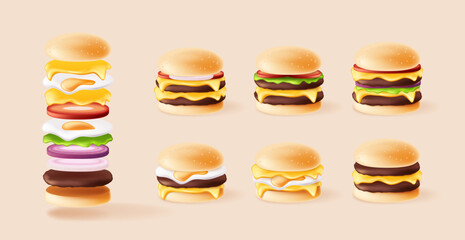 Juicy and delicious burger set illustration with various toppings and layers, ideal for food ads, menu design, fast food promo, or culinary content.