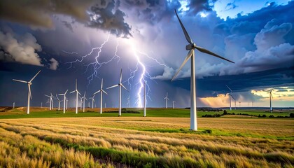 Lightning bolts strike near wind turbines during a dramatic storm, symbolizing the tension and hope of renewable energy in the face of intensifying climate extremes.